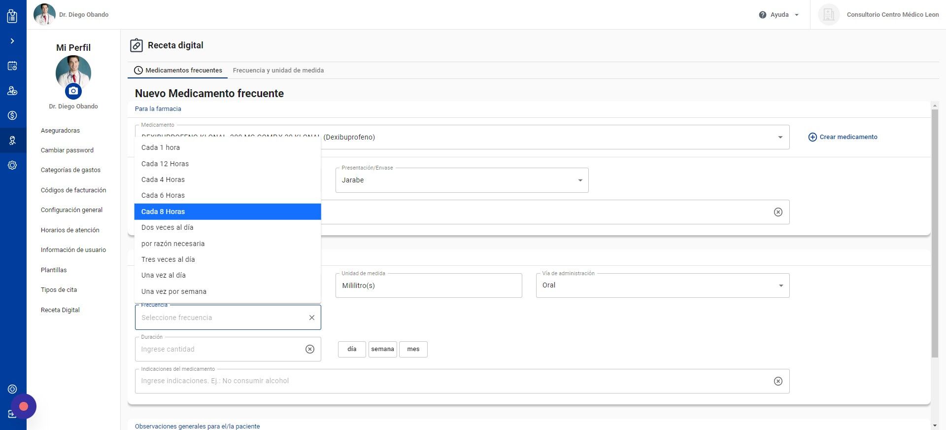 Screenshot of: Seleccione la frecuencia de la toma del medicamento