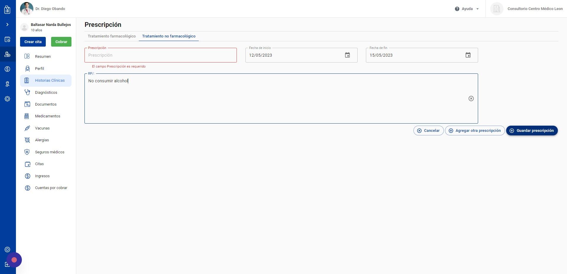 Screenshot of: Haga click en "Guardar prescripción" para guardar su Receta Digital