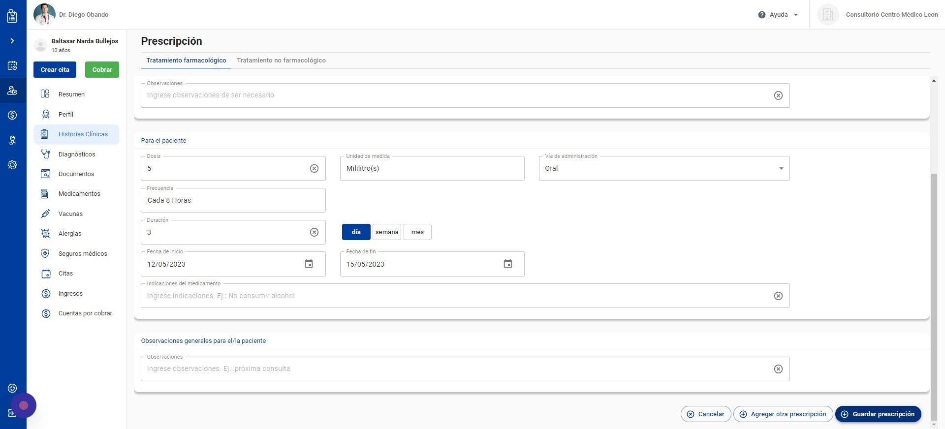 Screenshot of: Toda la información guardada del nuevo Medicamento Frecuente se cargará automáticamente. Si desea, puede editar la información. Luego, haga click en "Guardar"
