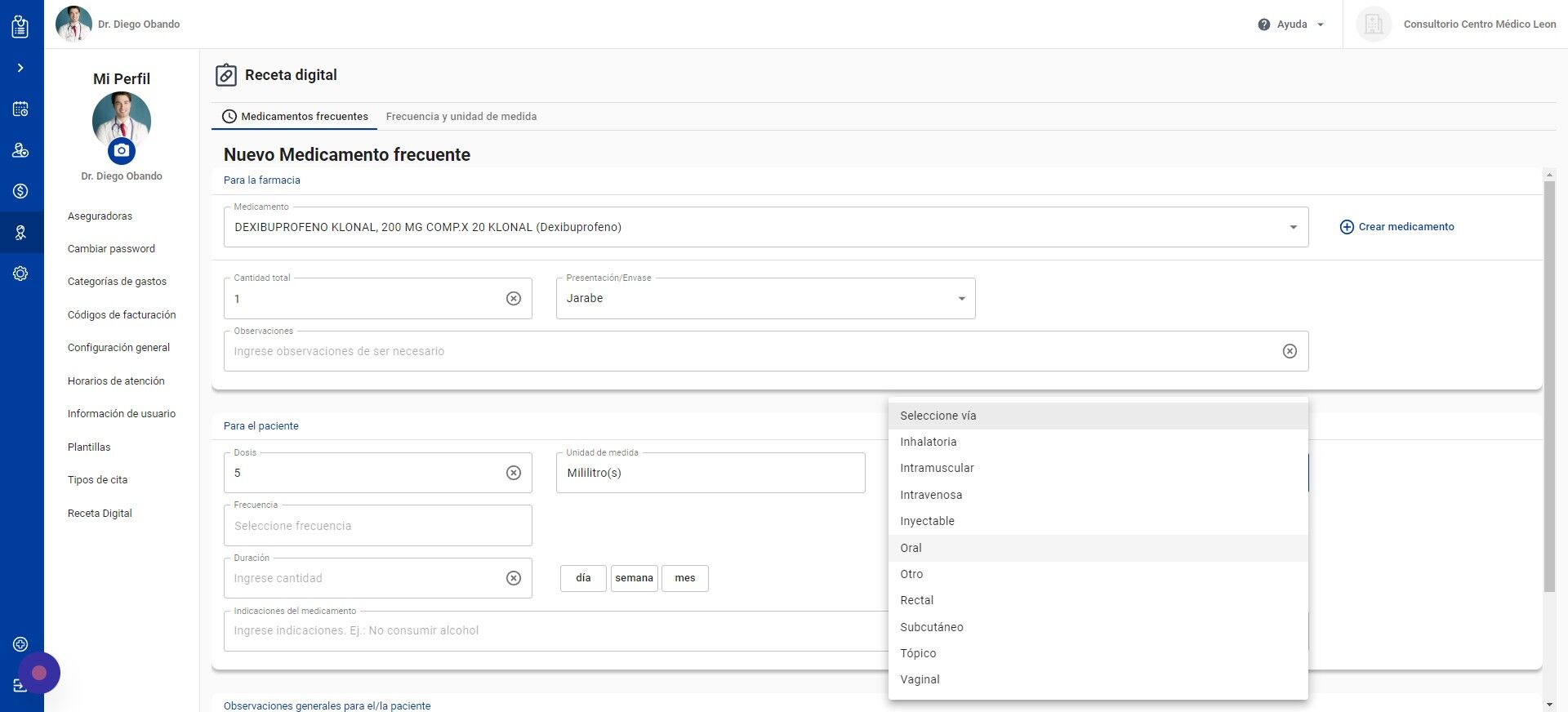 Screenshot of: Seleccione la vía de administración del medicamento