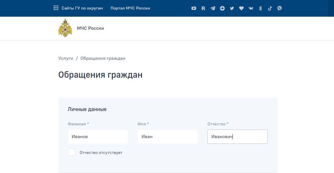Screenshot of: Укажите Ваши фамилию, имя и отчество (при наличии). 