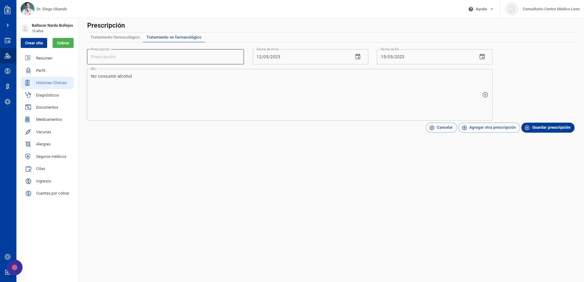 Screenshot of: Haga click en Prescripción y defina el tratamiento no farmacológico
