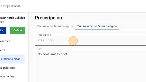 Screenshot of: Haga click en Prescripción y defina el tratamiento no farmacológico
