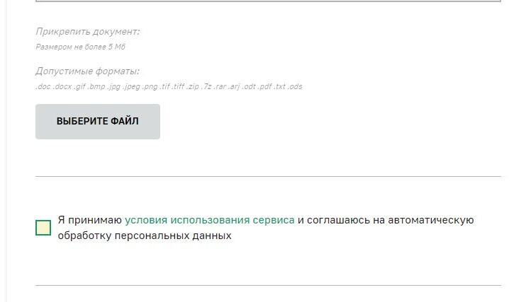 Screenshot of: Внимательно ознакомьтесь с условиями использования сервиса и поставьте галочку, что принимаете условия и соглашаетесь на автоматическую обработку персональных данных.