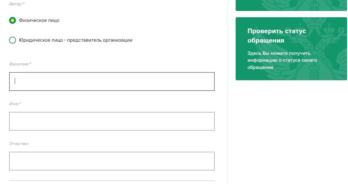 Screenshot of: При выборе физического лица укажите фамилию, имя и отчество (при наличии). 