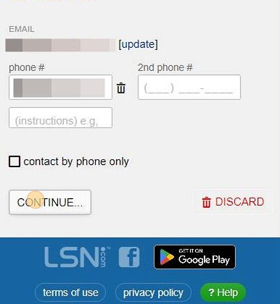 Screenshot of: Verify your contact information and Click "Continue"