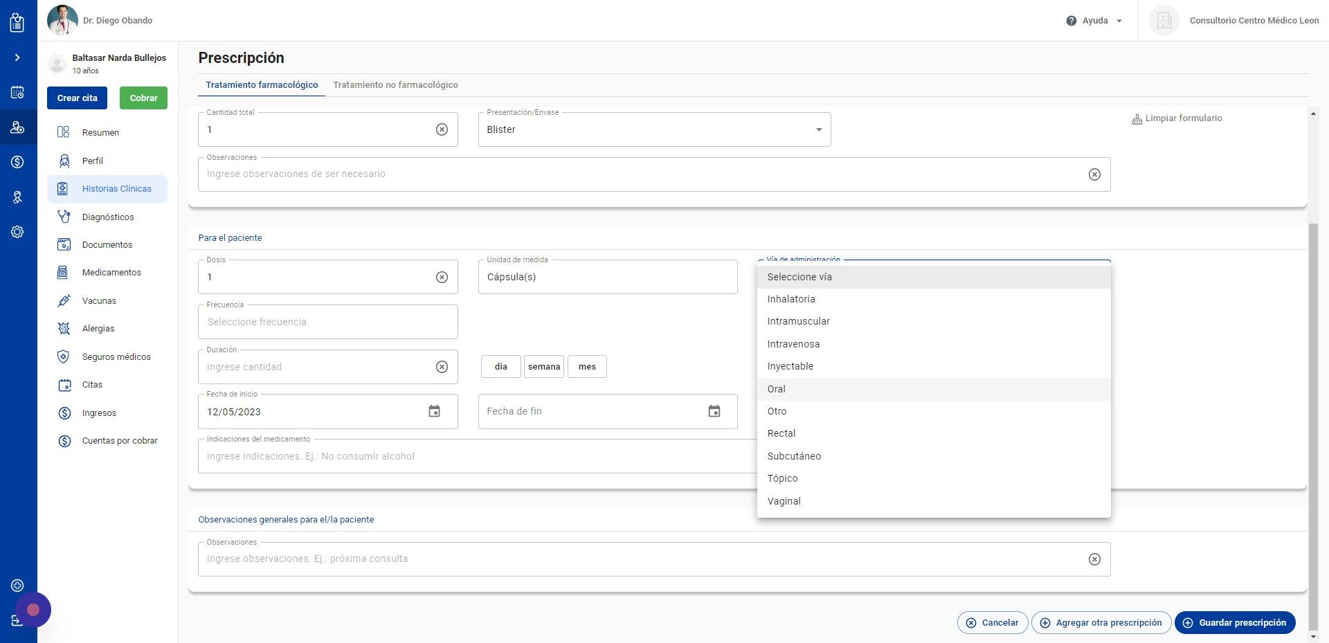 Screenshot of: Seleccione la Vía de administración