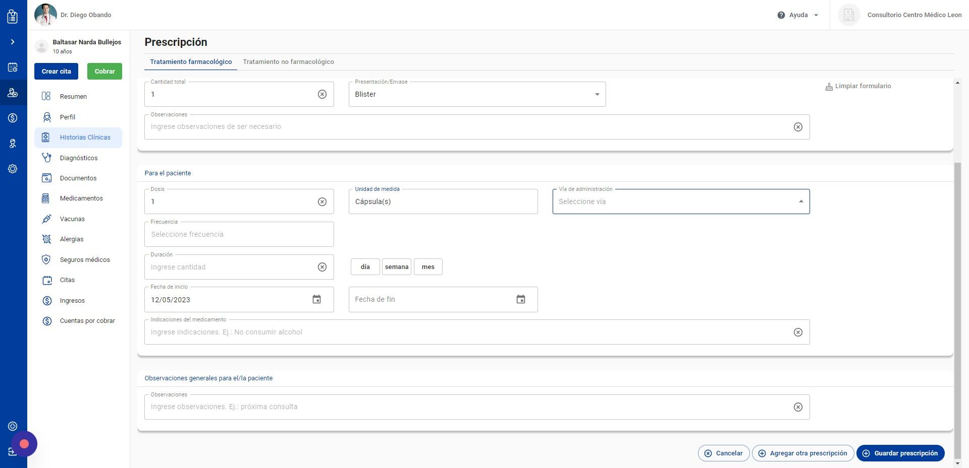 Screenshot of: Haga click en Vía de administración
