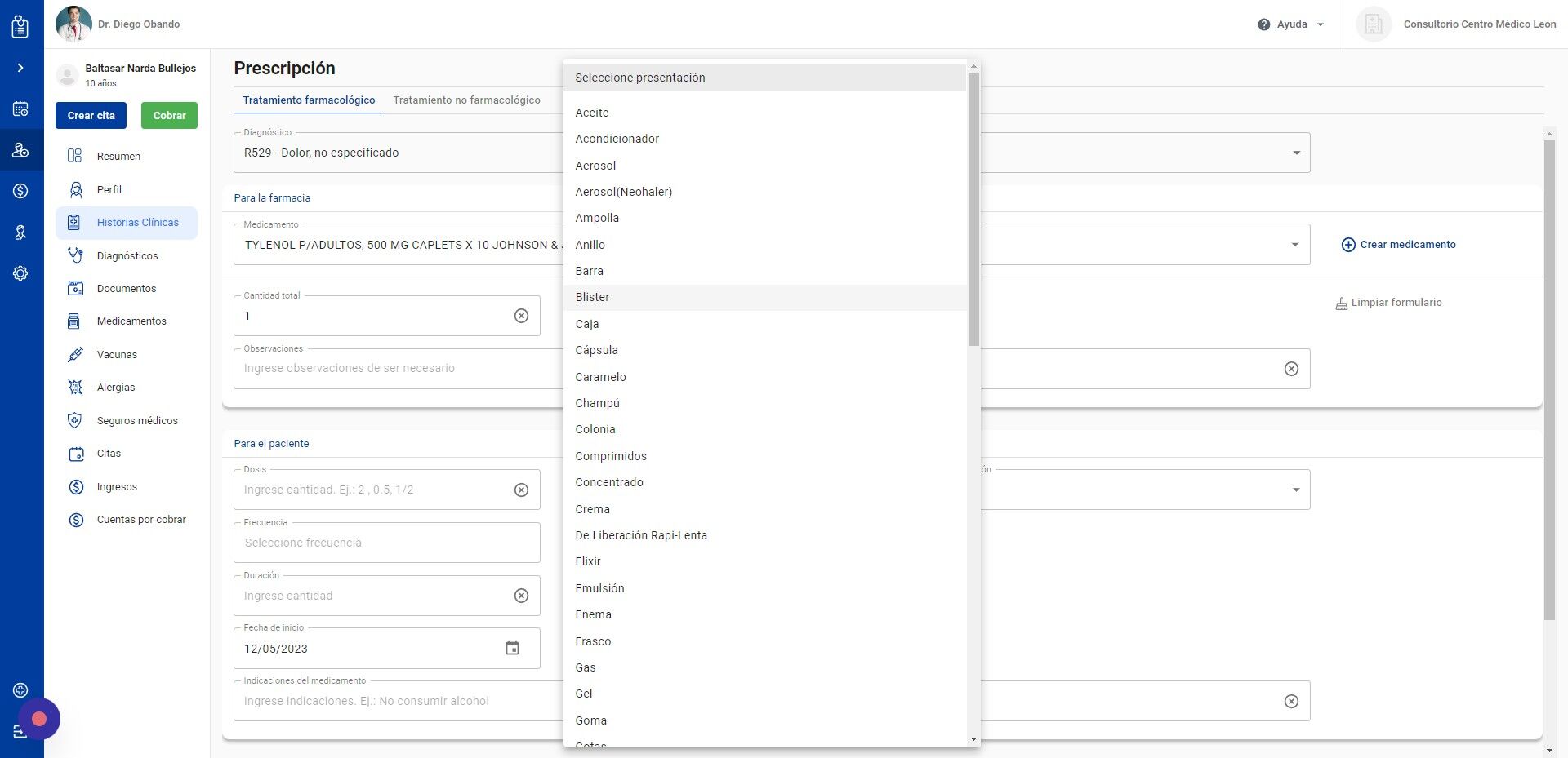 Screenshot of: Seleccione la presentación o envase del medicamento