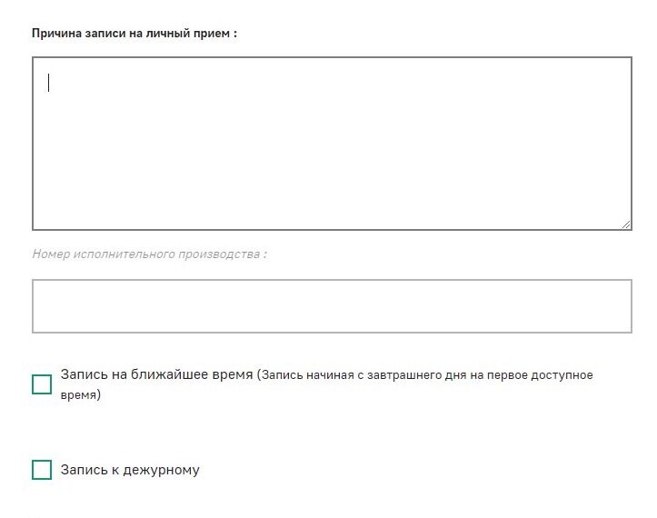 Screenshot of: В поле "Причина записи на личный прием" введите Ваш текст письма. 