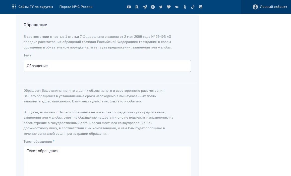 Screenshot of: Укажите тему Вашего обращения. 