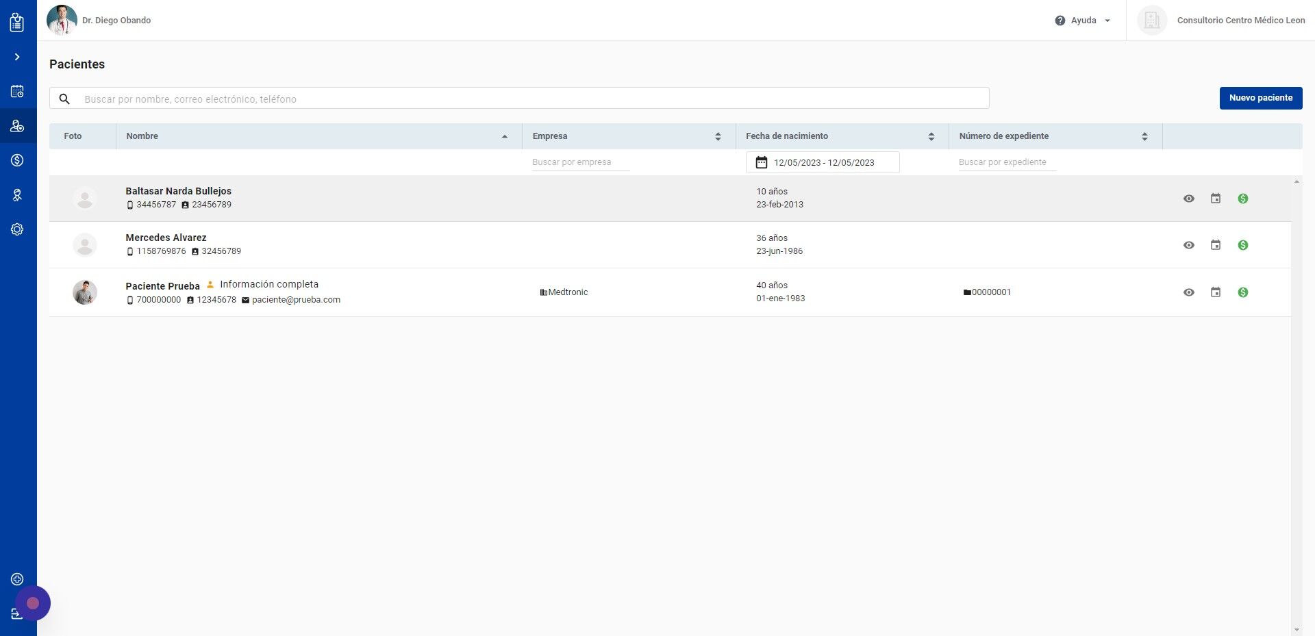 Screenshot of: Seleccione el paciente