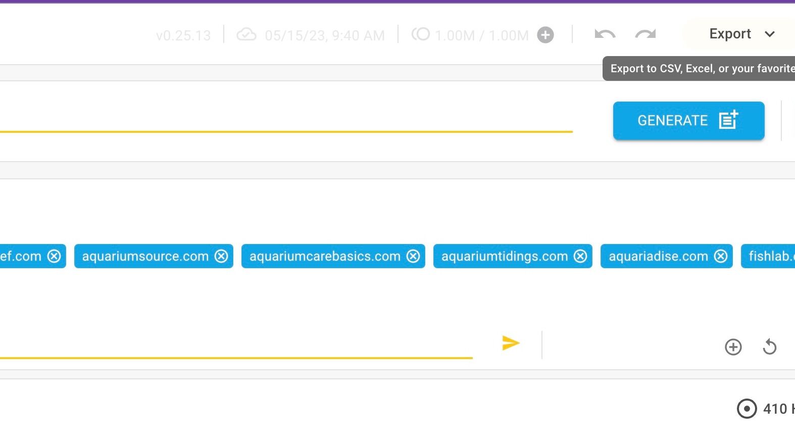 Screenshot of: To export as a csv that is ready to import into Content At Scale, open your hitlist and click on the "Export" button in the top right corner.