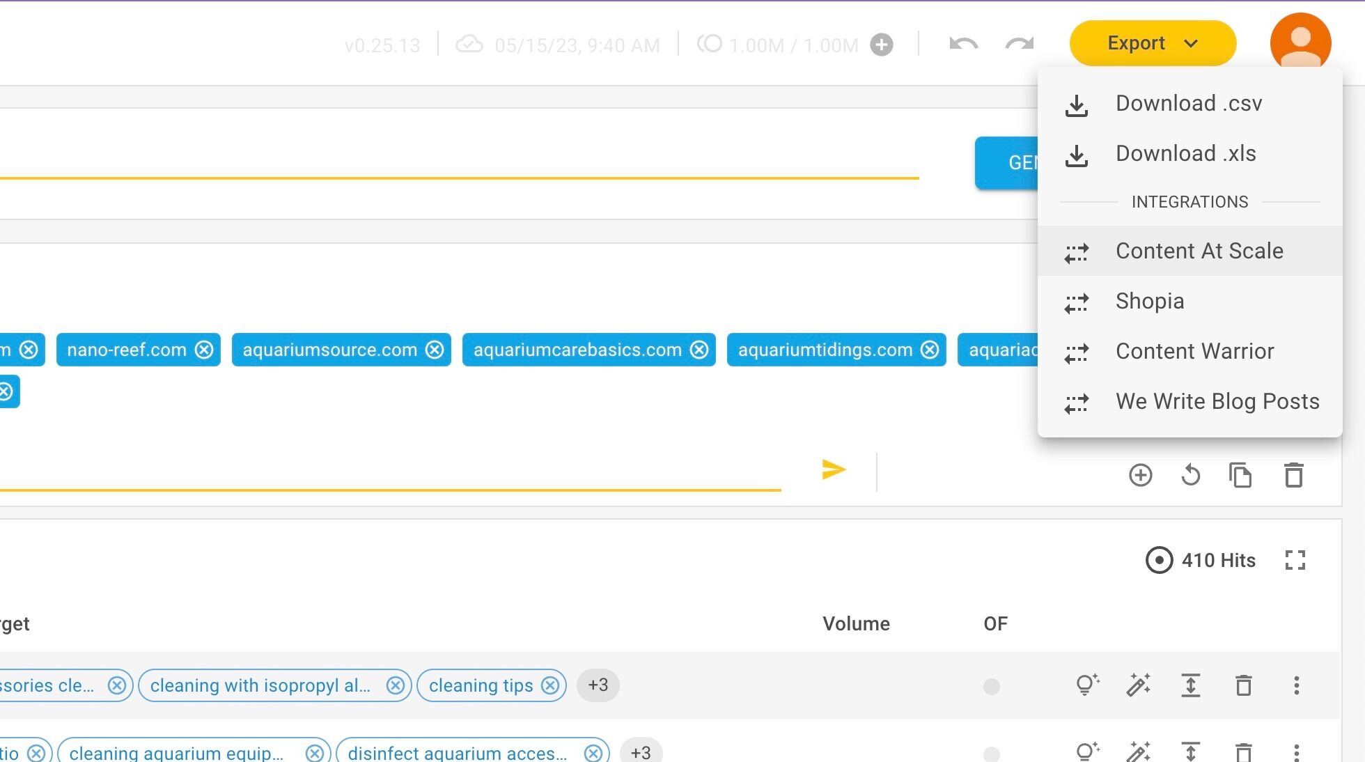 Screenshot of: A dropdown will appear. Click on "Content At Scale".