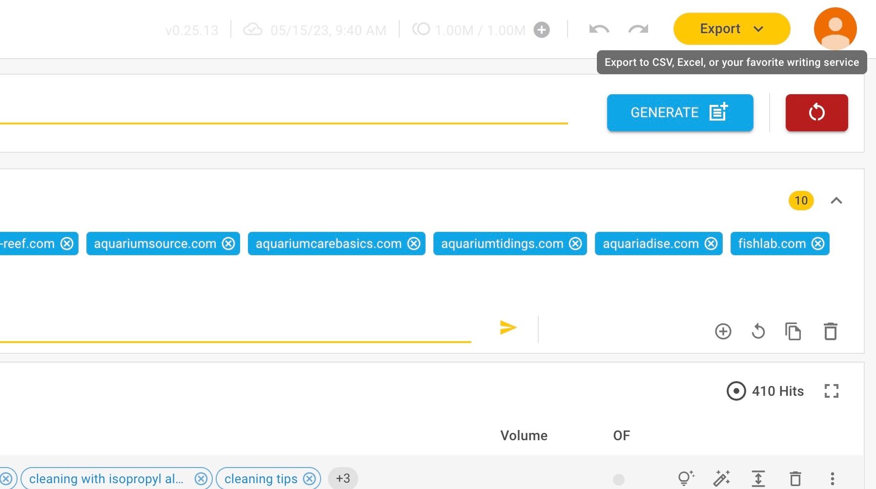 Screenshot of: To export as a csv that is ready to import into Shopia, open your hitlist and click on the "Export" button in the top right corner.