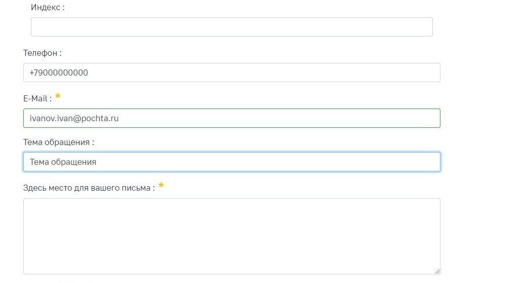 Screenshot of: В поле для письма введите Ваш текст обращения.