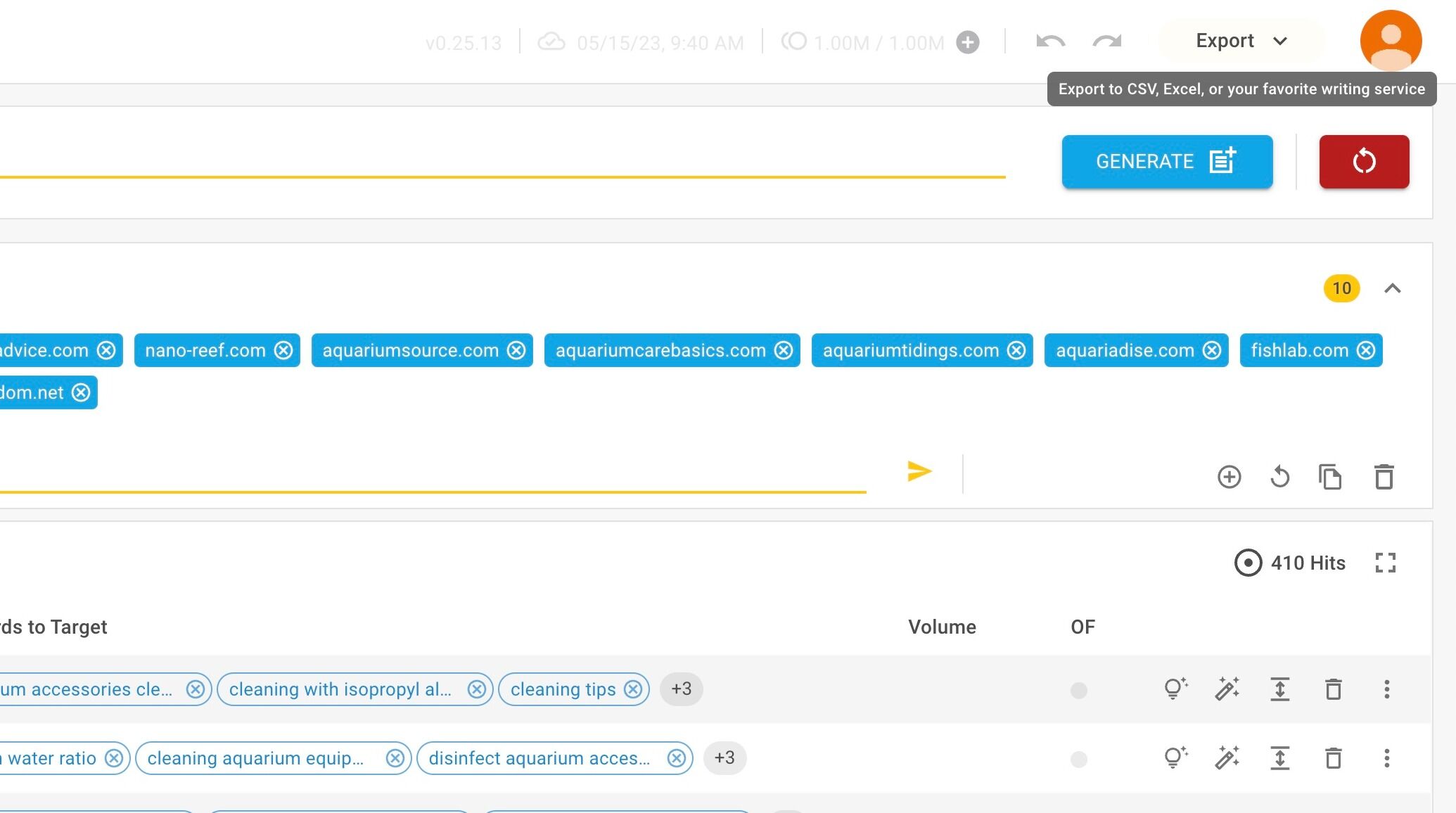 Screenshot of: To export as a csv that is ready to import into Content Warrior, open your hitlist and click on the "Export" button in the top right corner.
