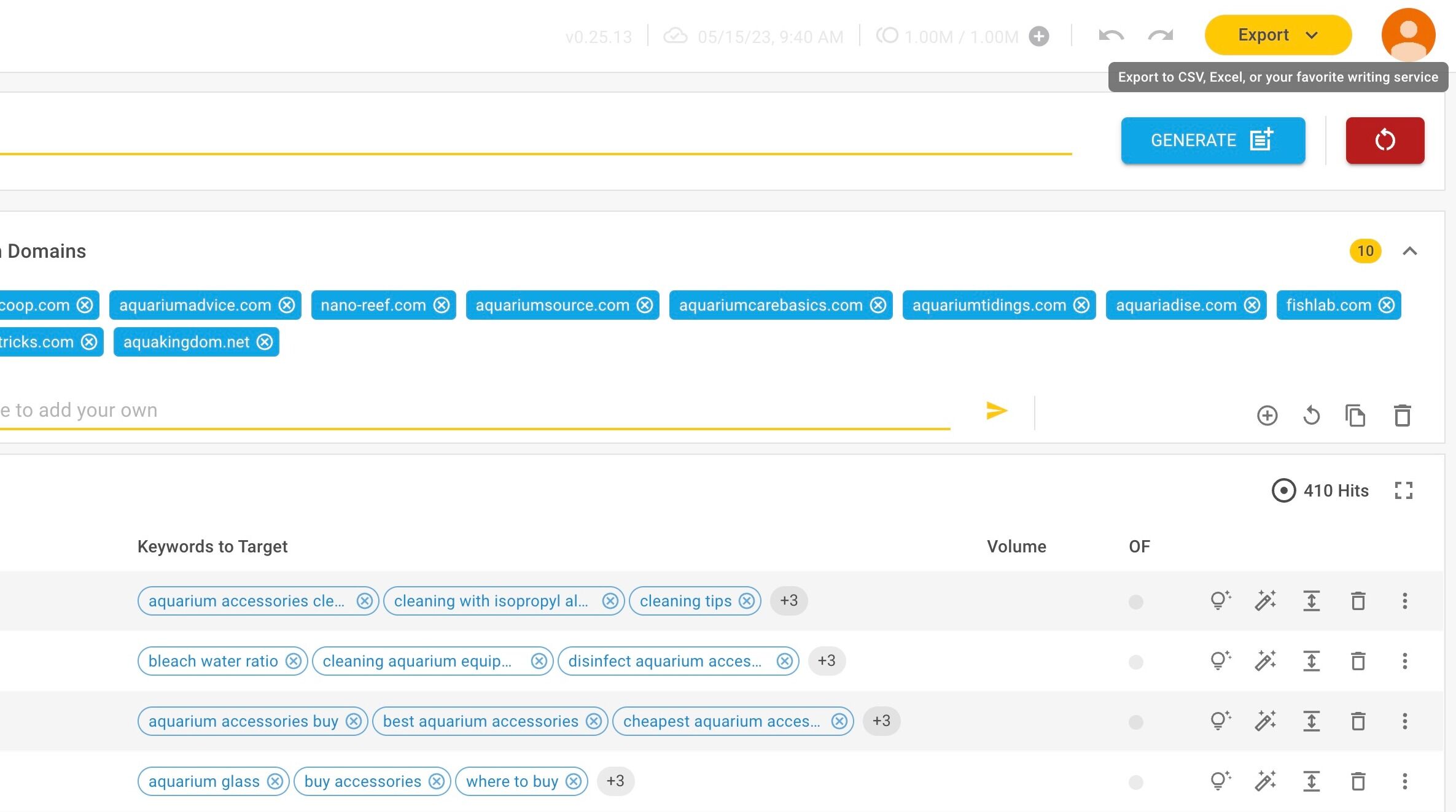 Screenshot of: To export as a csv that is ready to import into We Write Blog Posts, open your hitlist and click on the "Export" button in the top right corner.
