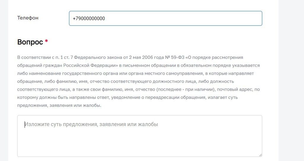 Screenshot of: В разделе "Вопрос" введите текст Вашего обращения. 