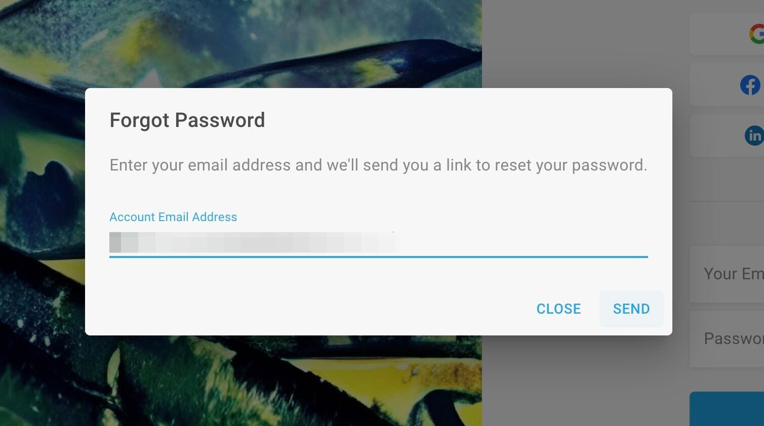 Screenshot of: Enter the email address your used to register your HitlistAI account and click "SEND".
