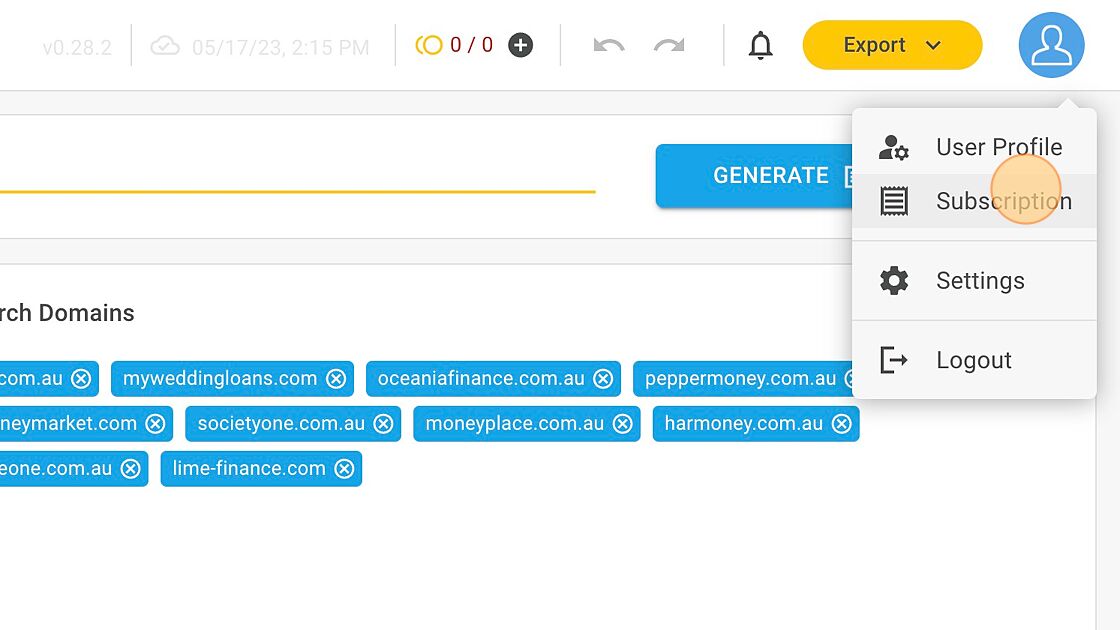 Screenshot of: Click "Subscription" from the dropdown that displays.