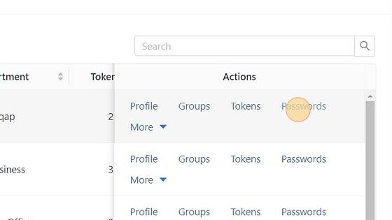 Screenshot of: In the search field, type the GateKeeper's username.
Click "Passwords" under "Actions" column.
