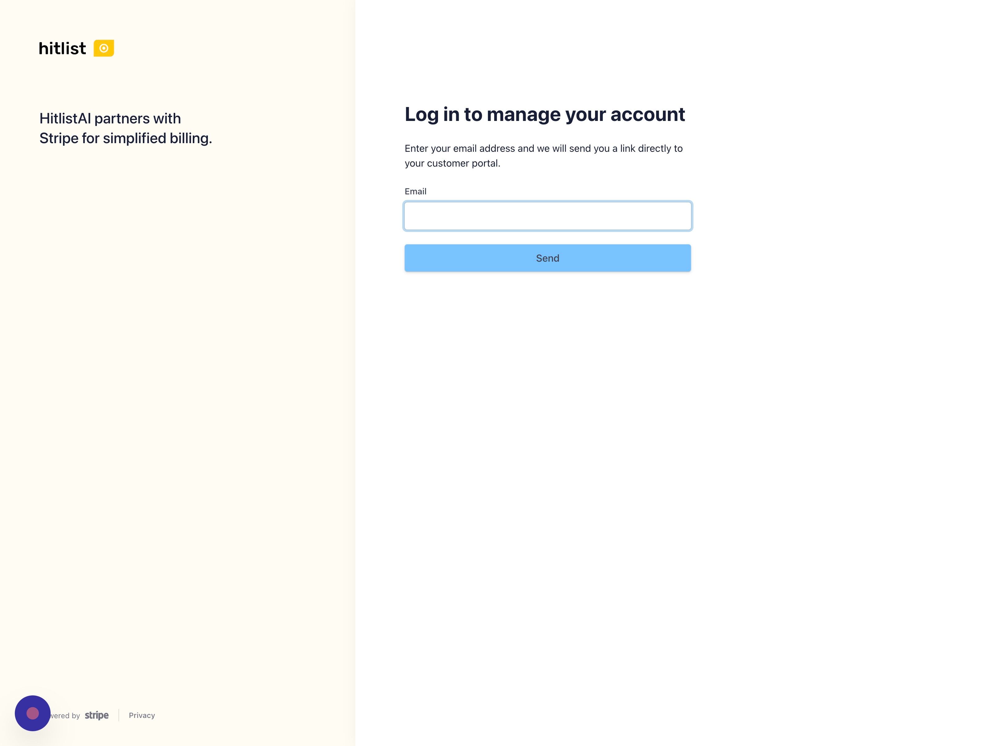 Screenshot of: You will be taken to the Stripe customer portal. Enter your email address into the "Email" field.