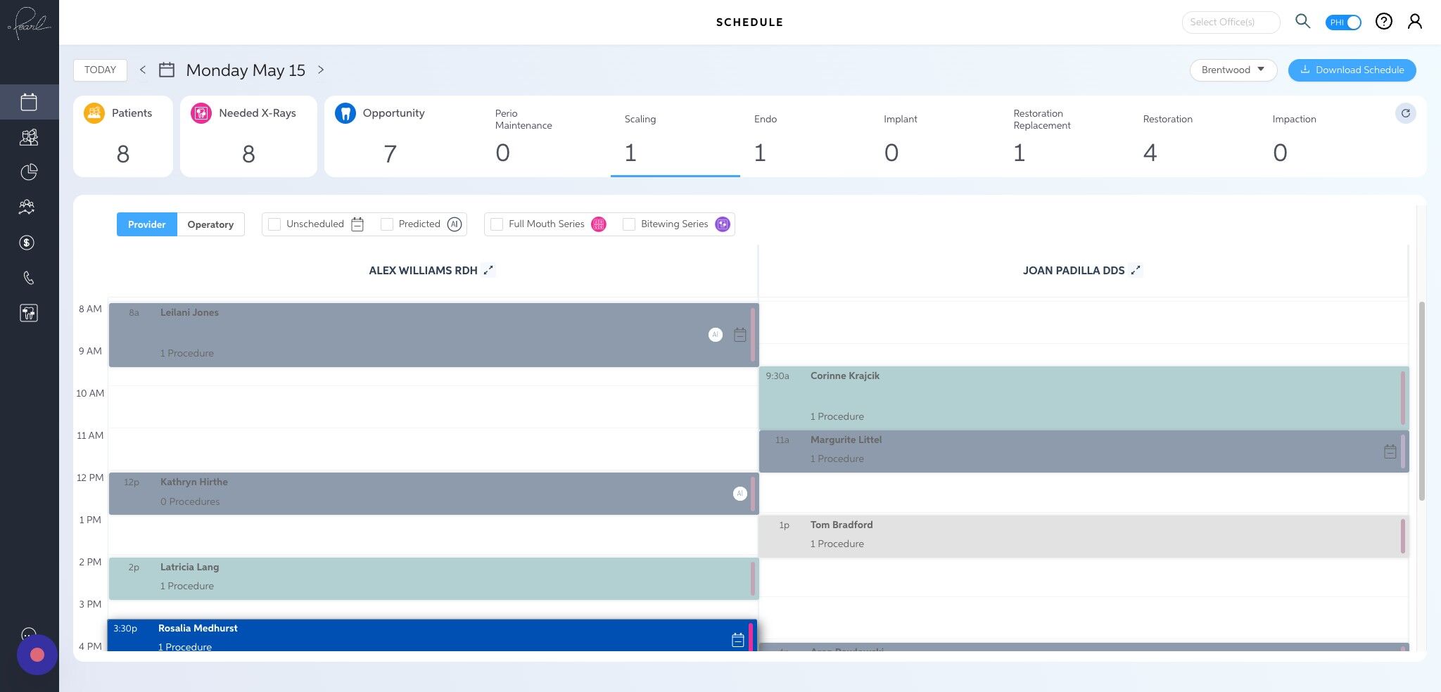 Screenshot of: Clicking on any of the opportunity types will highlight the patients with those opportunities on your schedule.