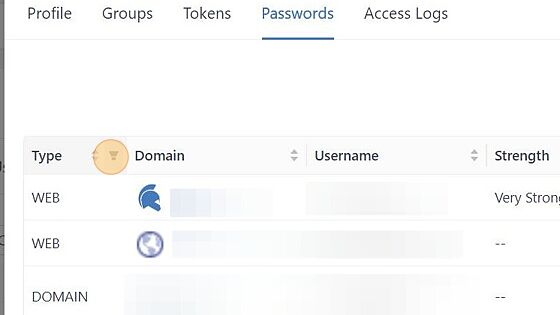 Screenshot of: Click the filter button next to "Type".