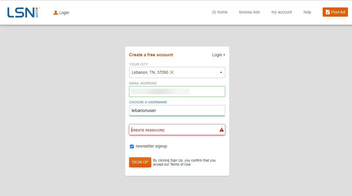 Screenshot of: Create a Password