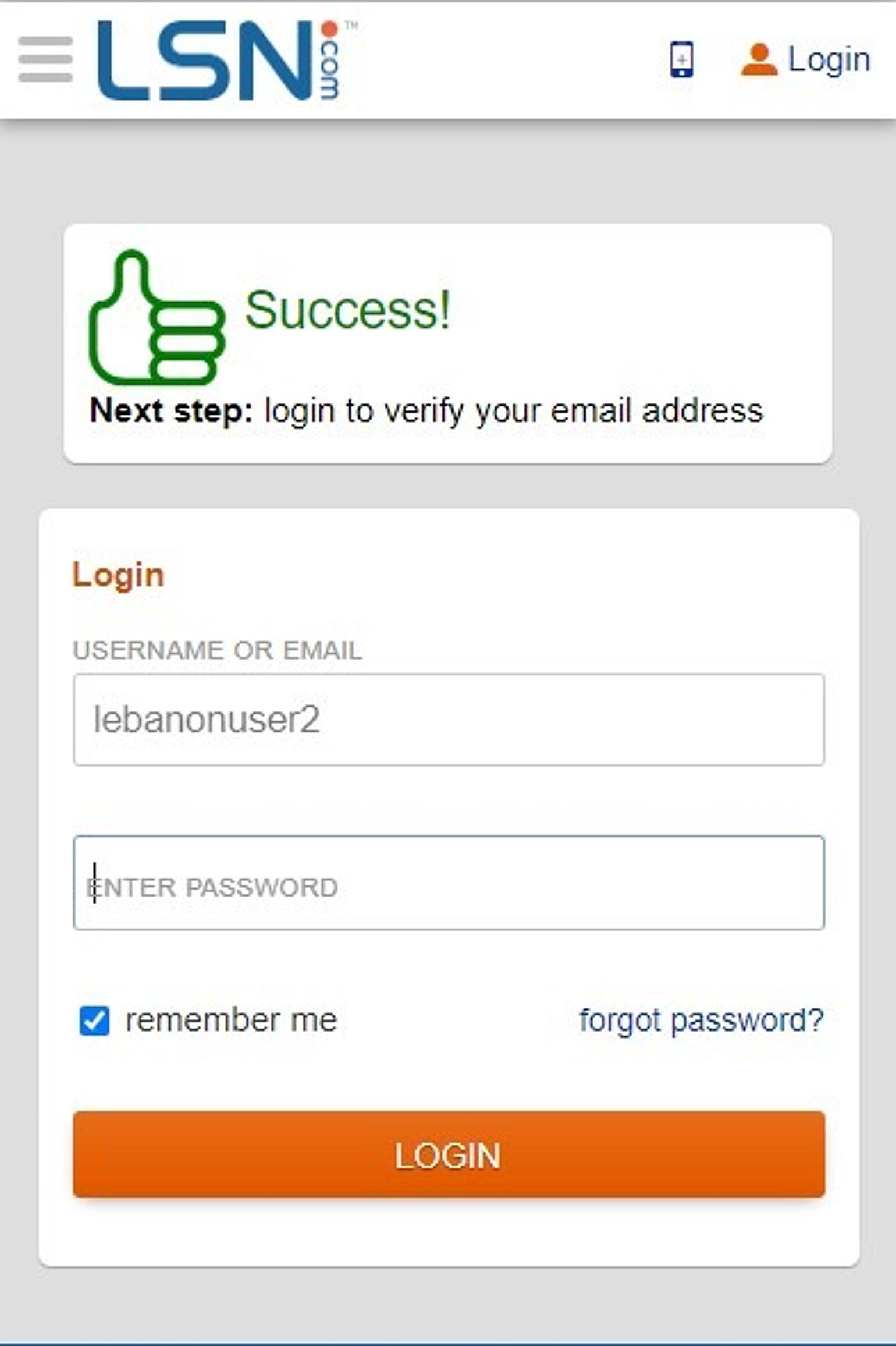 Screenshot of: You can now log in and verify your account.  We will send a link to your email.  Click the link to verify your account.