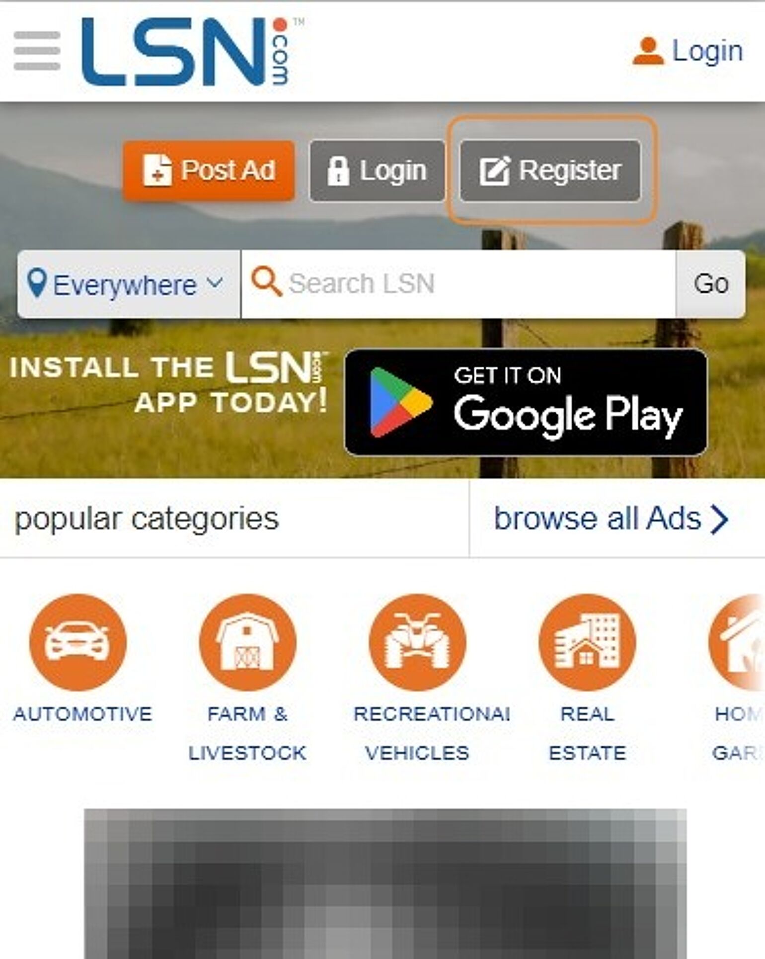 Screenshot of: From the LSN homepage, click the Register Button.