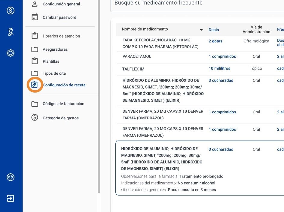 Screenshot of: Haga click en "Configuración de Receta"