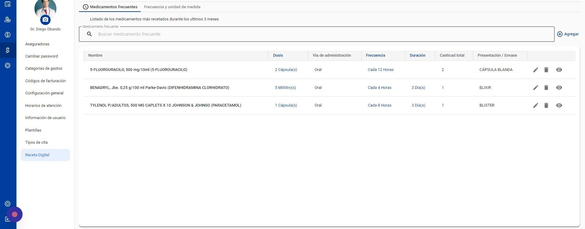 Screenshot of: Si no encuentra su Medicamento Frecuente, puede buscarlo haciendo click en éste espacio
