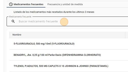 Screenshot of: Si no encuentra su Medicamento Frecuente, puede buscarlo haciendo click en éste espacio
