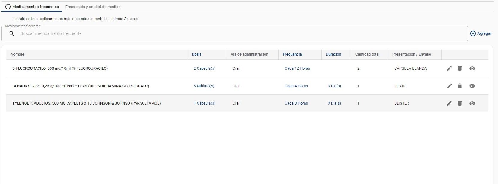 Screenshot of: En ésta pantalla puede encontrar los Medicamentos Frecuentes que ha recetado en los últimos 3 meses. Puede editar la información de un Medicamento Frecuente en particular, haciendo click en el ícono de lápiz