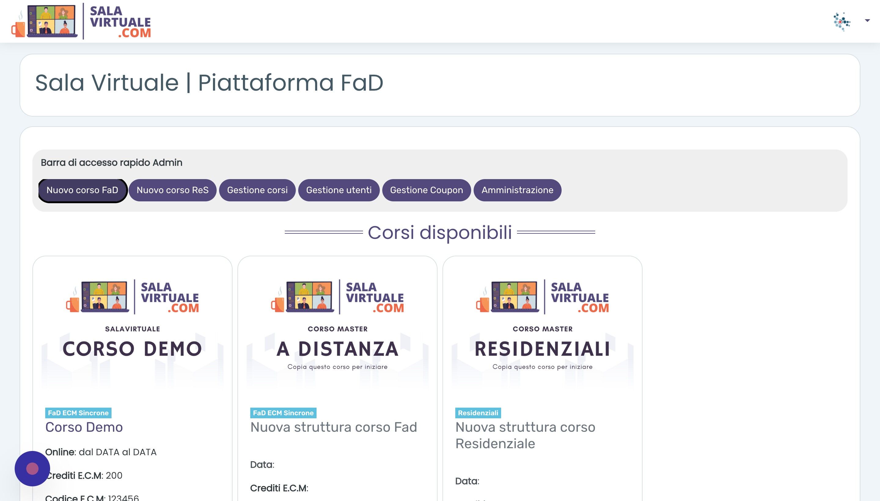 Screenshot of: Dopo aver effettuato il login in piattaforma con le proprie credenziali, selezionare nella barra di accesso rapido Admin 