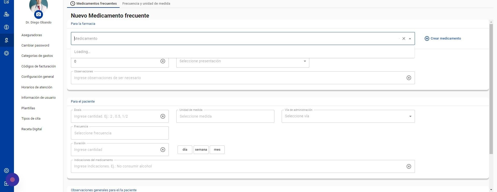 Screenshot of: En la sección Para la farmacia, haga click en Medicamento y busque el nuevo Medicamento Frecuente para crear