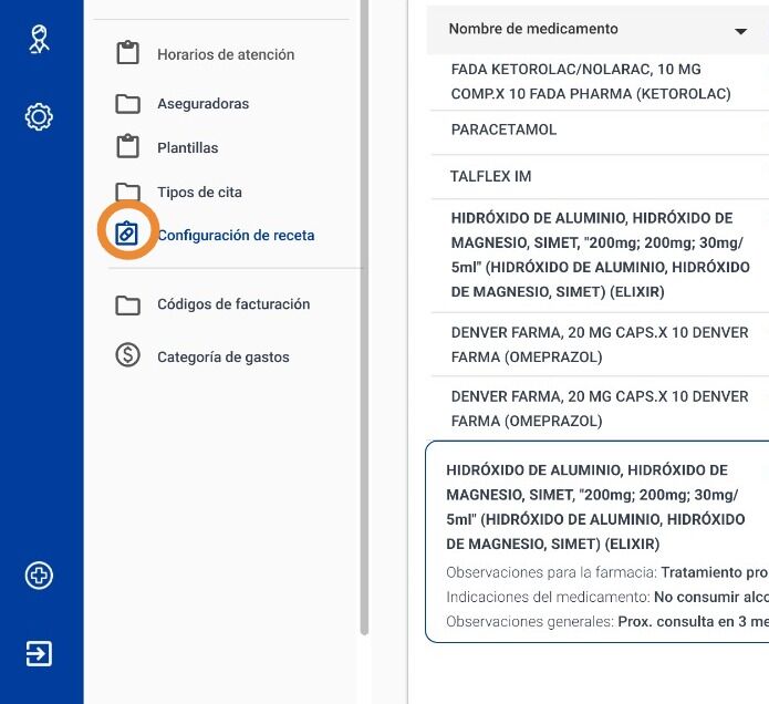 Screenshot of: Haga click en "Configuración de Receta"