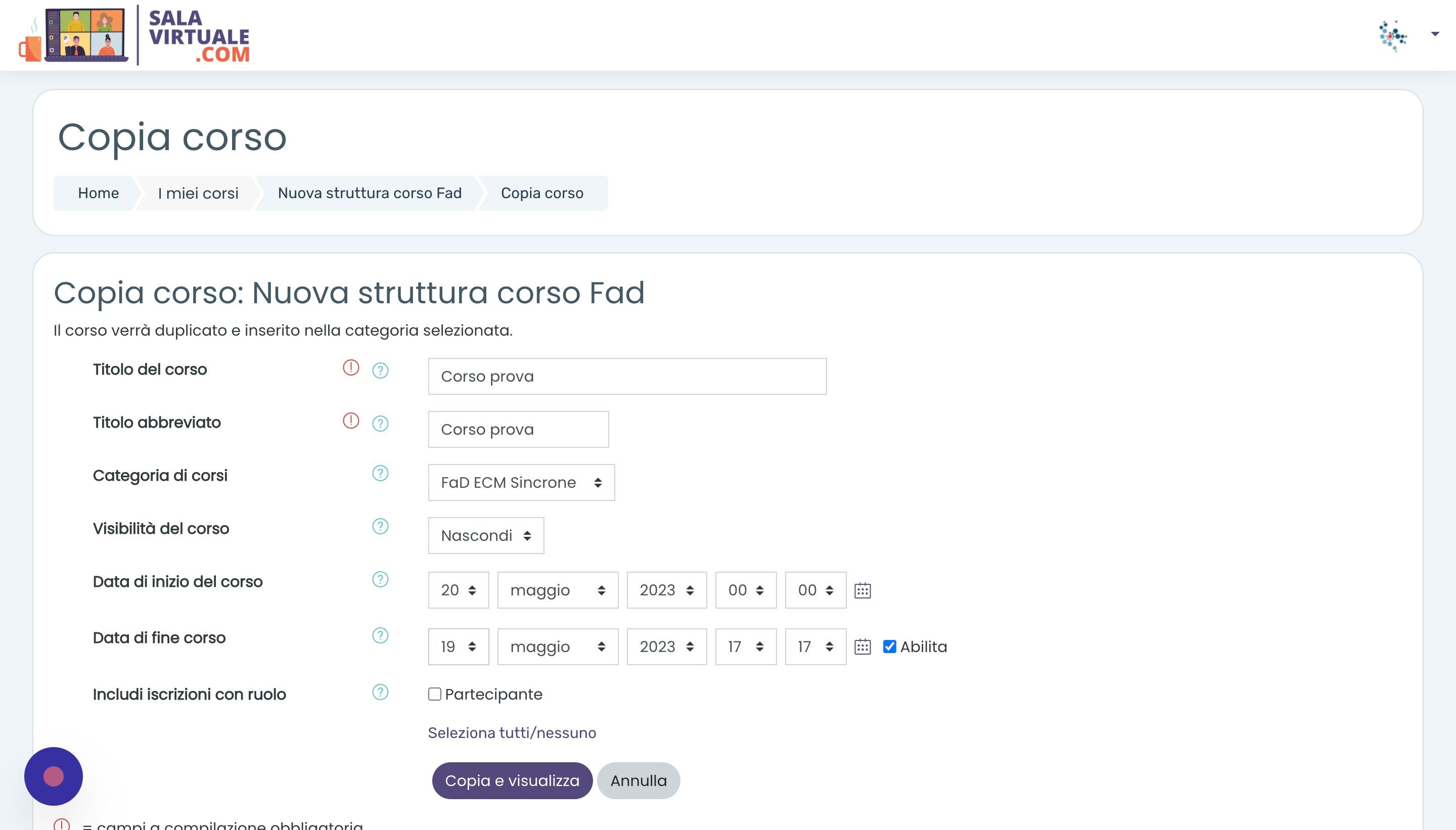 Screenshot of: Avere cura di inserire correttamente data di inizio e di fine del corso. Queste date non determinano l'accesso al corso, ma sono informazioni fondamentali per il corretto funzionamento del corso.