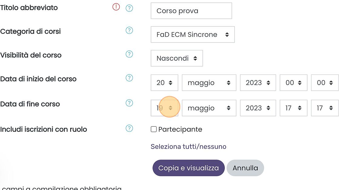 Screenshot of: Avere cura di inserire correttamente data di inizio e di fine del corso. Queste date non determinano l'accesso al corso, ma sono informazioni fondamentali per il corretto funzionamento del corso.