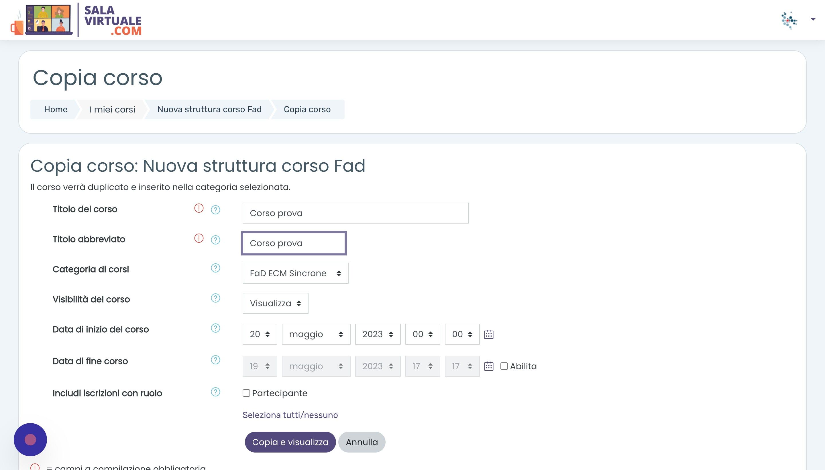 Screenshot of: Compilare la scheda con le informazioni base del corso. Si suggerisce al campo 