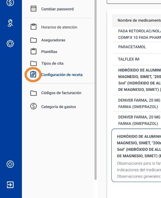 Screenshot of: Haga click en "Configuración de Receta"