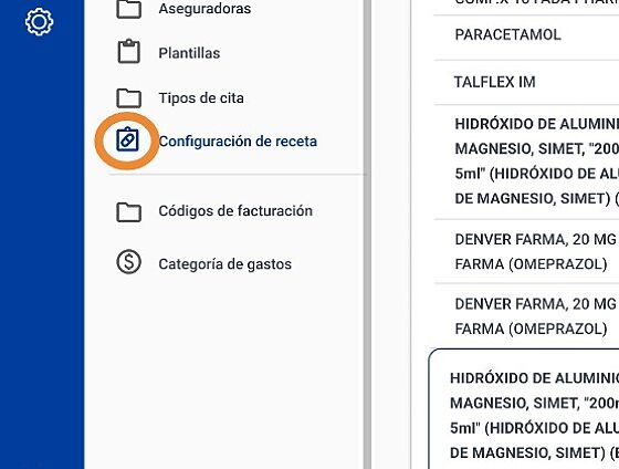 Screenshot of: Haga click en "Configuración de Receta"