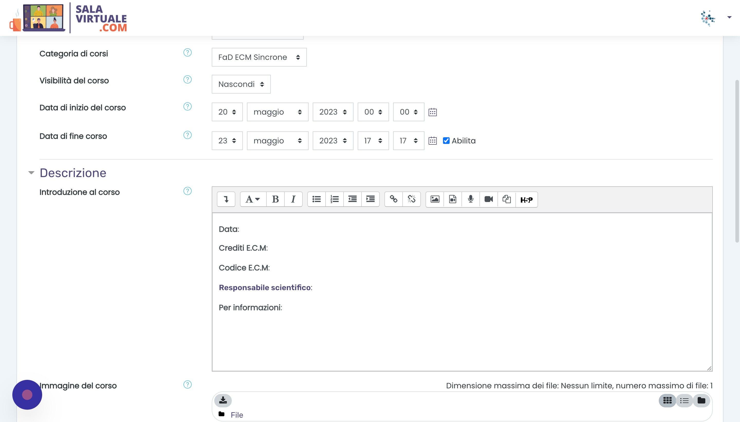 Screenshot of: Compilare la descrizione del corso