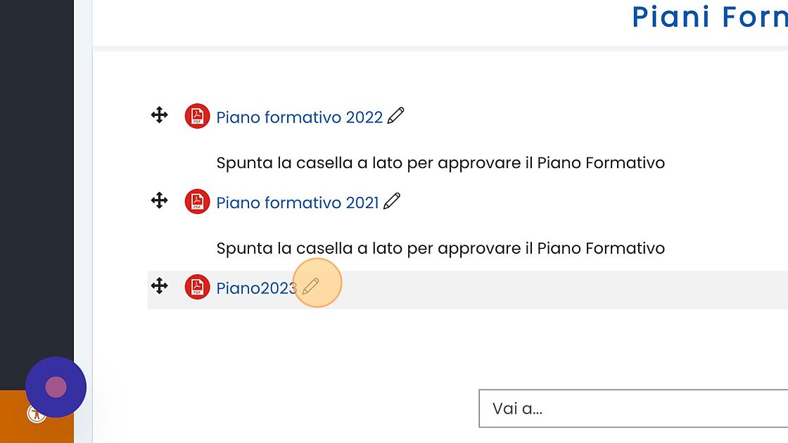 Screenshot of: Trascinare dal proprio computer il file pdf del Piano formativo nella pagina. Il file verrà caricato (in questo caso