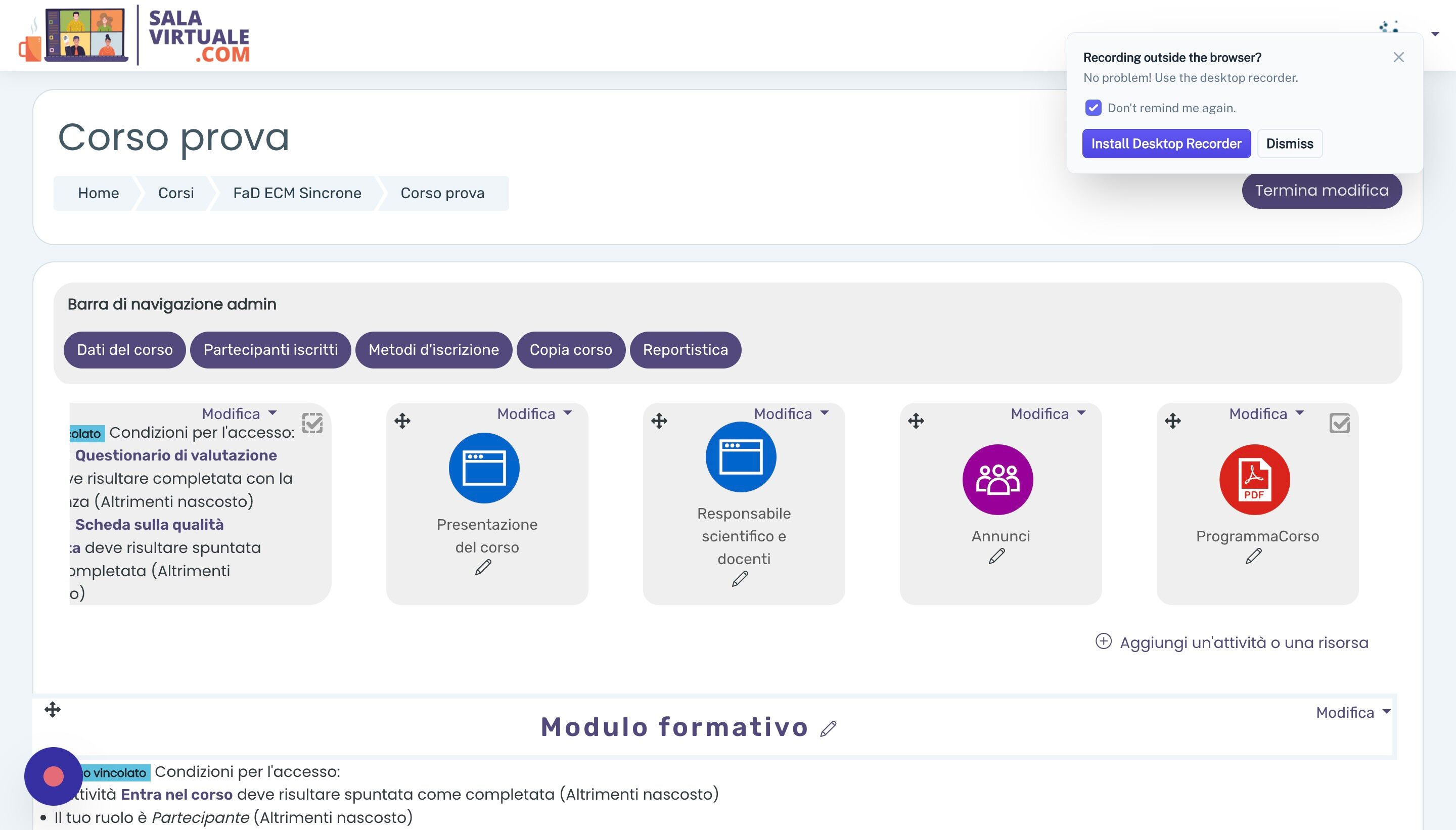 Screenshot of: A questo punto, dal nostro computer trasciniamo il file PDF che vogliamo caricare (in questo caso ProgrammaCorso.pdf) affianco alla pagina di Presentazione. Il file verr&agrave; caricato. Trascinarlo dove lo si vuole posizionare.