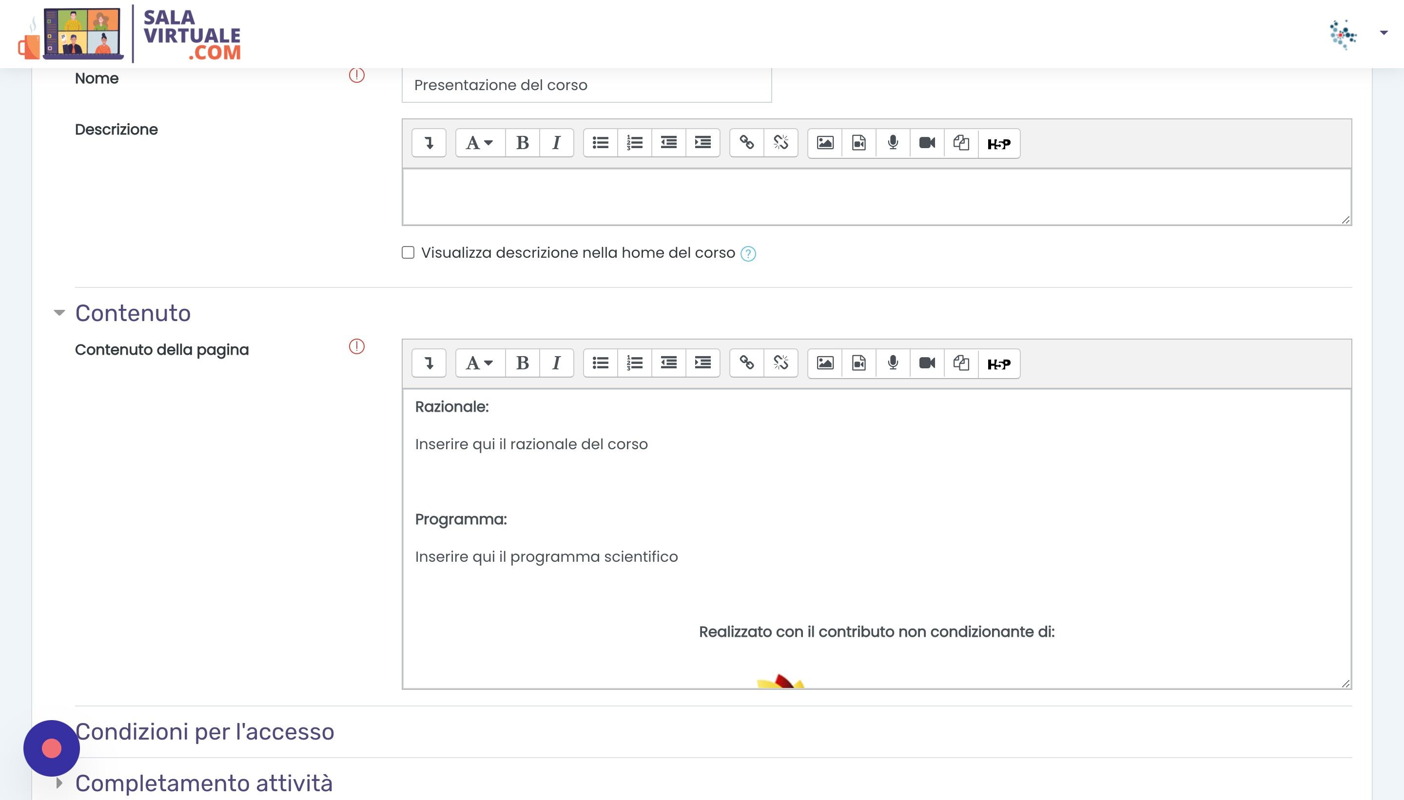 Screenshot of: Inserire il razionale del corso...
