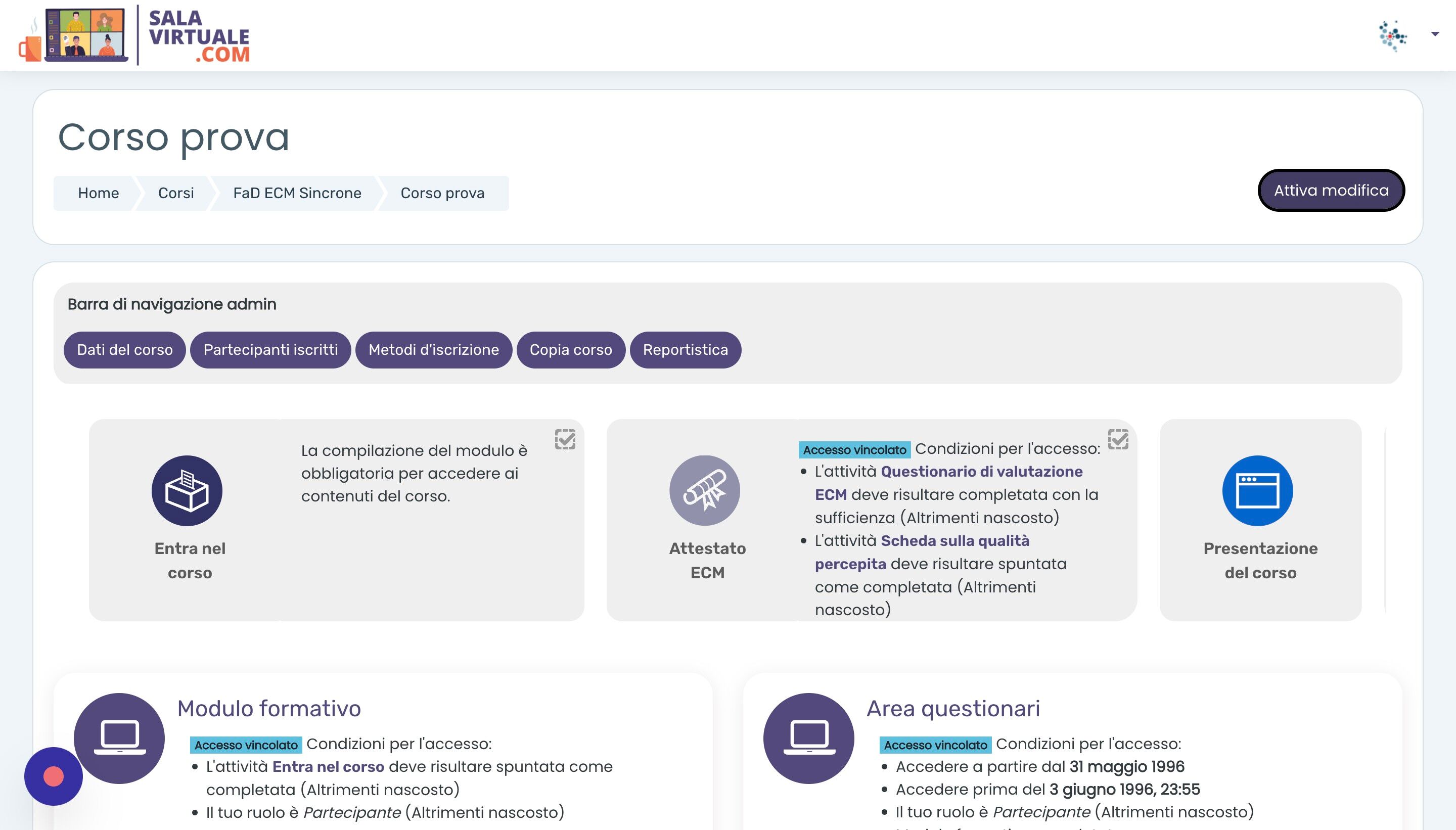 Screenshot of: In affiancamento alla pagina di Presentazione &egrave; inoltre possibile caricare file di tipo PDF quali flyer, volantini, locandine o programmi utili a inquadrare i contenuti del corso. Per farlo, iniziamo cliccando il pulsante 
