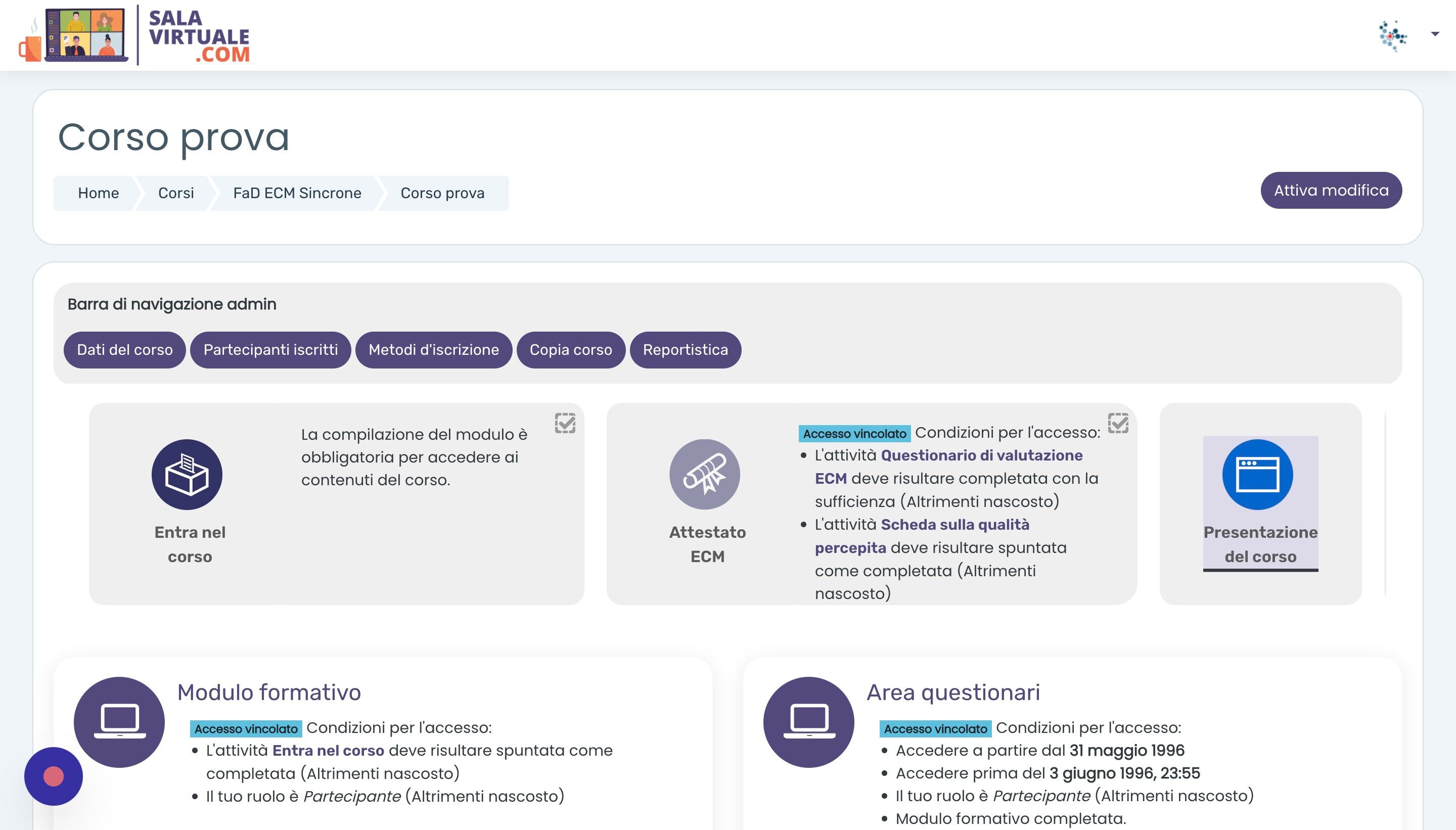 Screenshot of: Proseguiamo caricando nel corso la presentazione, ovvero il razionale del corso, il programma del corso e i docenti, incluso il responsabile scientifico. Iniziamo cliccando la pagina 